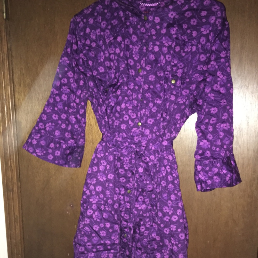 Purple Floral Pattern Button Down Dress with Belt